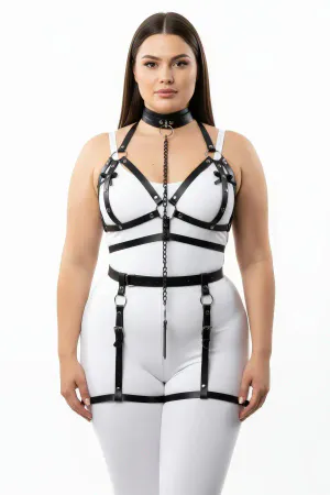 Plus Size Black Women's Harness Suit Chain Detailed Leather Garter Accessory - APFT457