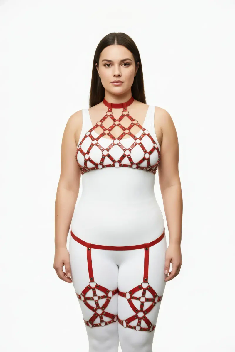 Red Vegan Leather Caged Halter Harness