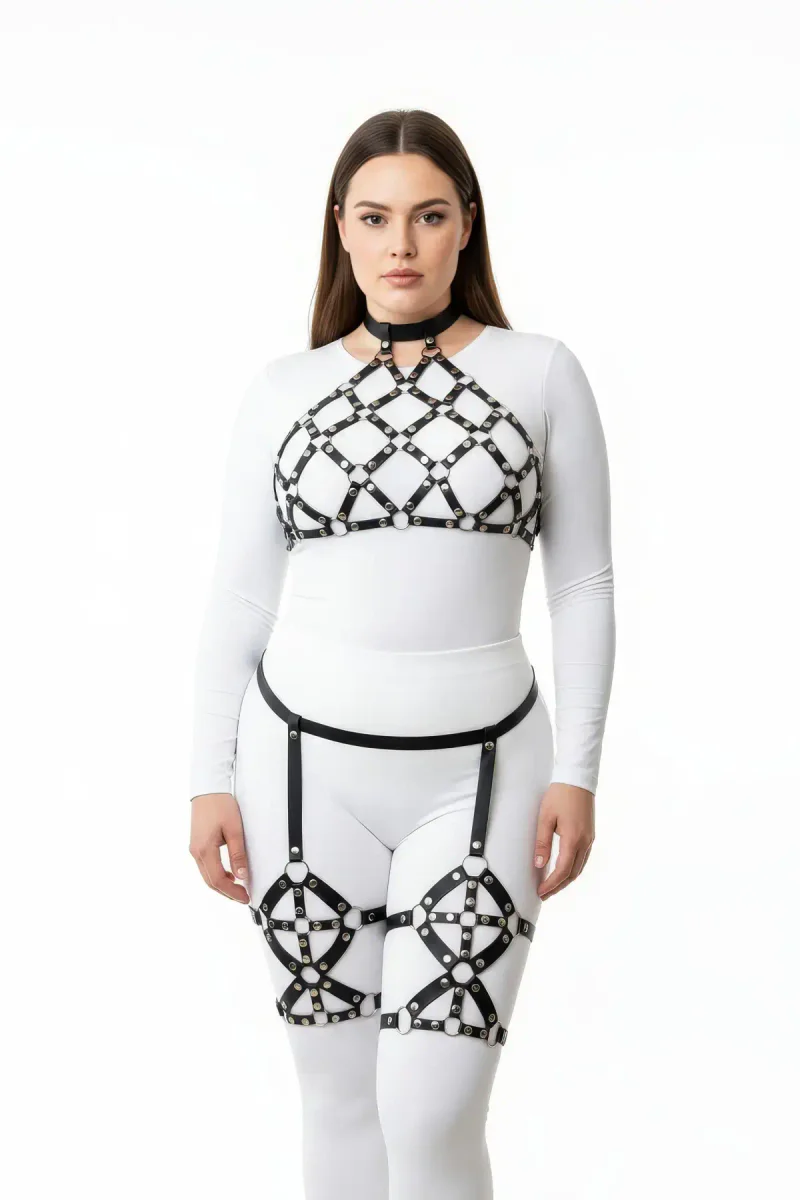 Black Faux Leather Caged Body Harness Set Choker Thigh Garters
