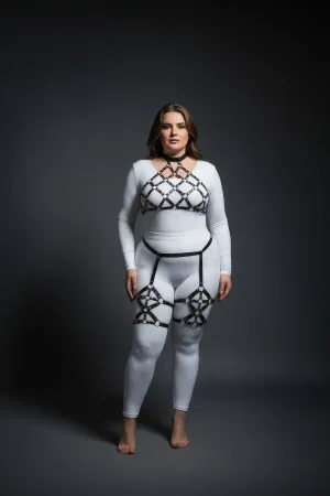 Plus Size Black Women's Leather Full Body Harness Set with Ring Detail and Garter - APFT460