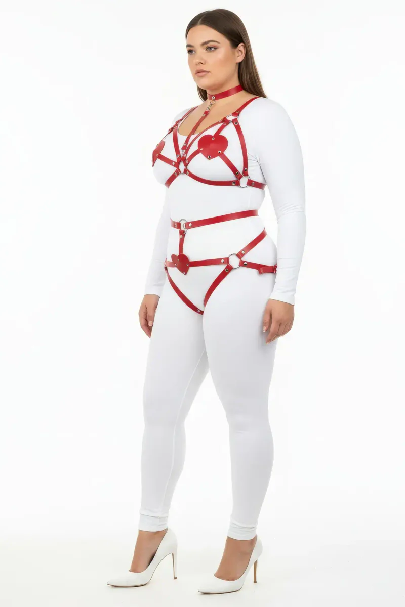 Red vegan leather harness set front view
