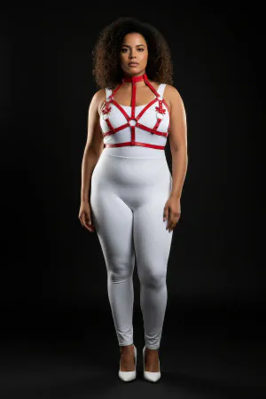 Plus Size Red Women's Harness Suit with Leather Chest Accessory and Ring Detail - APFT473