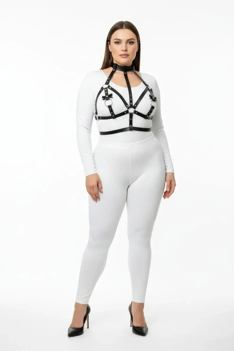Black Faux Leather Body Harness with Choker and O-Ring Details