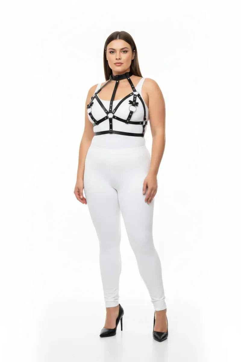 Black Faux Leather Strappy Body Harness Close-Up O-Ring Detail