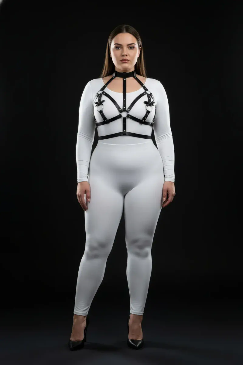 Plus size model wearing black choker harness front view detail