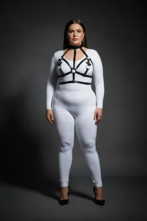 Plus Size Black Women's Leather Harness Set with Neck Collar and Ring Detail Fancy Accessory - APFT473