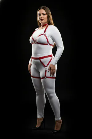 Plus Size Red Women's Leather Harness Set with Garter Ring Detail - APFT478