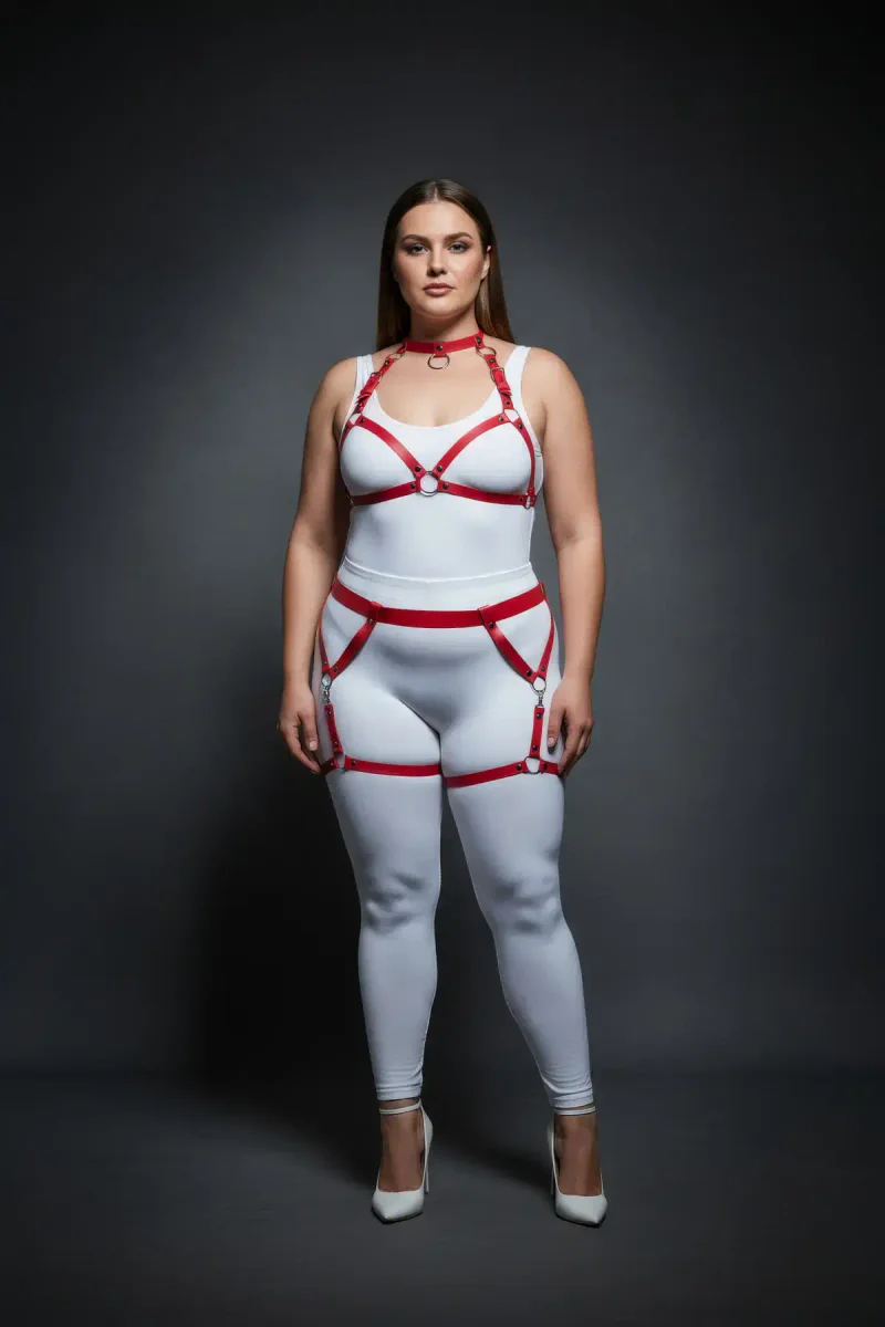 Plus Size Red Women's Leather Harness Set with Garter Ring Detail - APFT478