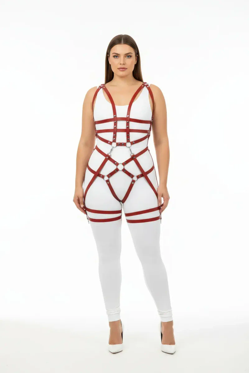 Claret Red Full Body Harness Faux Leather O-Rings Thigh Straps