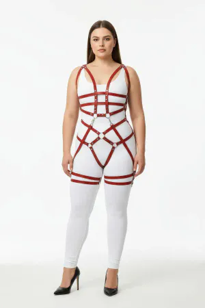 Plus Size Claret Red Women's Harness Suit Fancy Leather with Chain and Ring Detail - APFT502