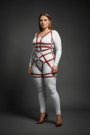 Plus Size Claret Red Women's Harness Suit Fancy Leather with Chain and Ring Detail - APFT502