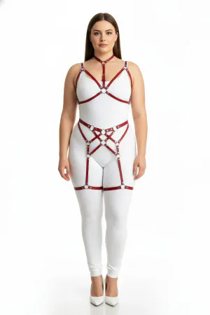 Plus Size Red Women's Leather Fantasy Harness Set with Garter - APFT507