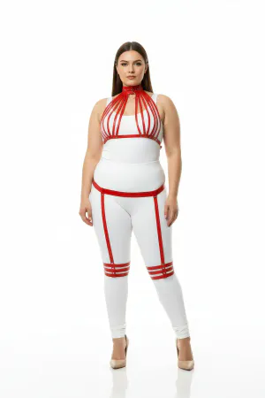 Plus Size Red Women's Leather Harness Set with Sexy Garter Detail - APFT552