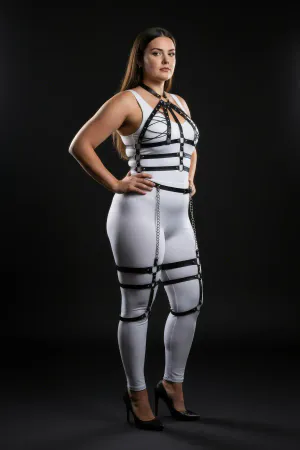 Plus Size Black Women's Harness Suit Chain Detailed Full Body Leather Accessory - APFT698