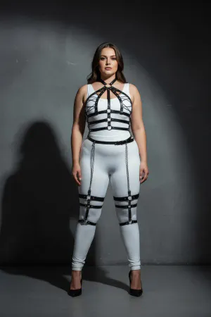 Plus Size Black Women's Harness Suit Chain Detailed Full Body Leather Accessory - APFT698