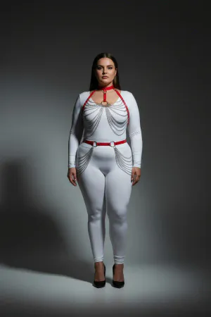 Plus Size Red Women's Harness Suit Chain Detailed Leather Fancy Body Accessory - APFT701