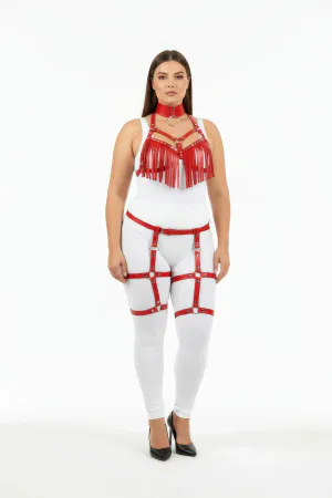 Plus Size Red Women's Leather Harness Suit with Tassel Detail and Garter - APFT715