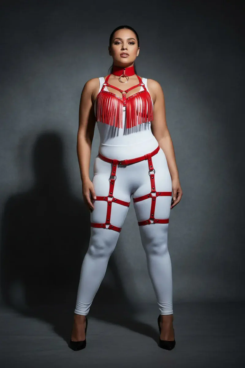 Red Faux Leather Harness with Fringe