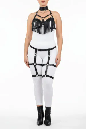 Plus Size Black Women's Harness Suit Tasseled Leather Look Garter Fancy Accessory - APFT715