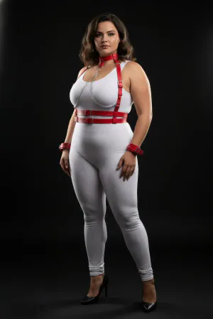 Plus Size Red Women's Leather Harness Suit Chain Detailed Fancy Accessory - APFT720