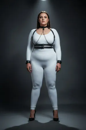 Plus Size Black Women's Leather Harness Suit Chain Detailed Fantasy Full Set - APFT720