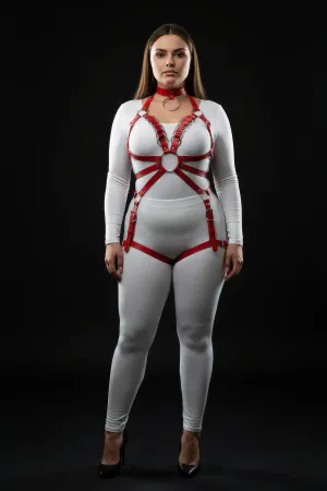 Plus Size Red Women's Leather Harness Set with Chain and Garter Detail - APFT781