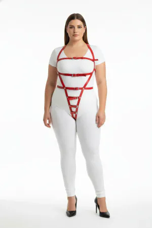 Plus Size Red Women's Harness Suit with Adjustable Belt Leather Fancy Accessory - APFT790