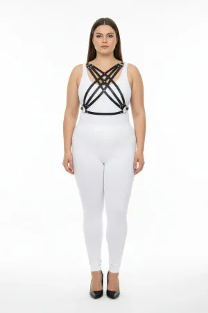 Plus Size Black Women's Leather Look Harness Set Adjustable Body Accessory - APFT867