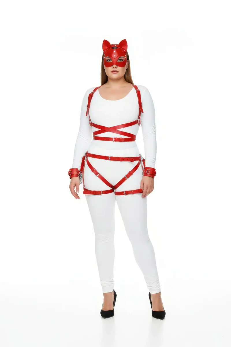 Red Vegan Leather Body Harness Front View Adjustable
