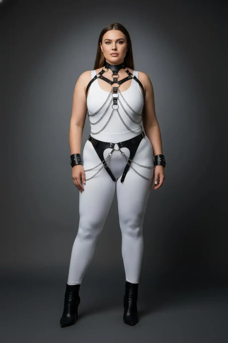 Black vegan leather body harness front view