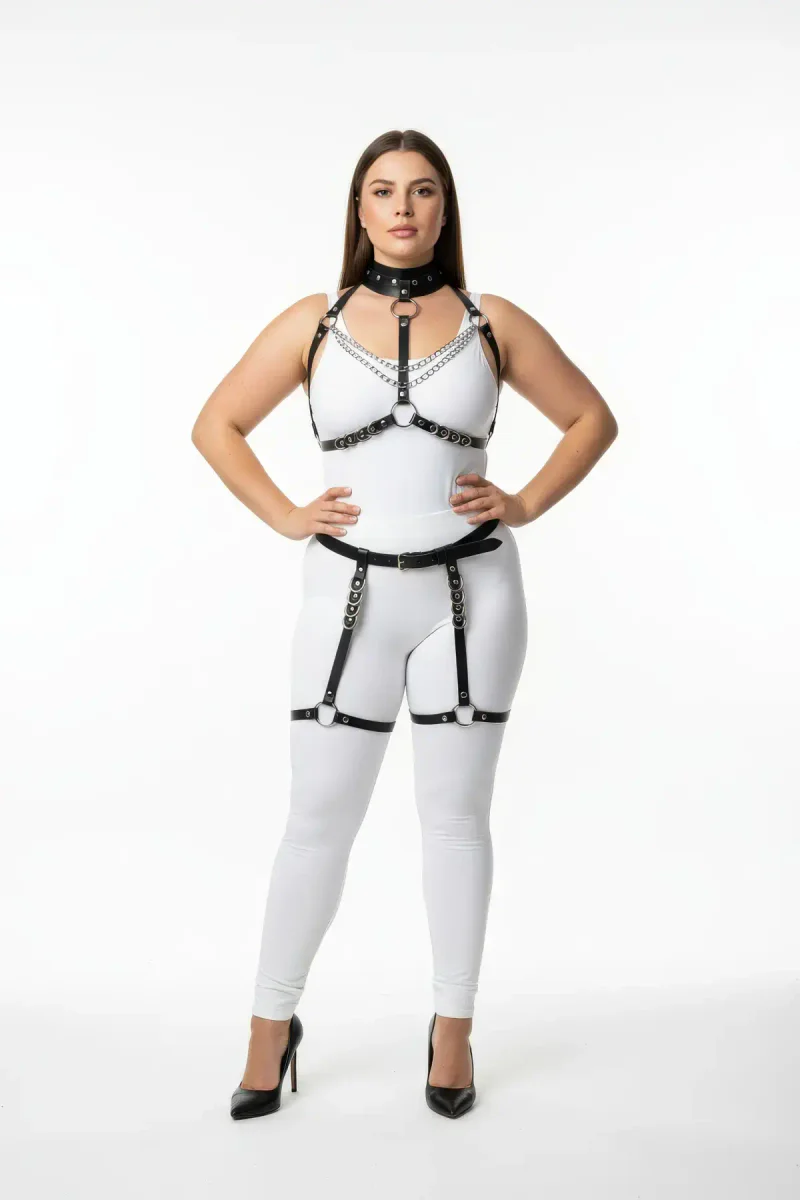 Black Faux Leather Full Body Harness with Choker, Chain, and Thigh Garters