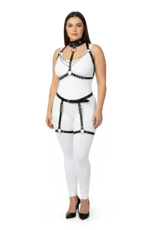 Plus Size Black Women's Leather Harness Suit with Chain and Ring Detail and Garter - APFT1081