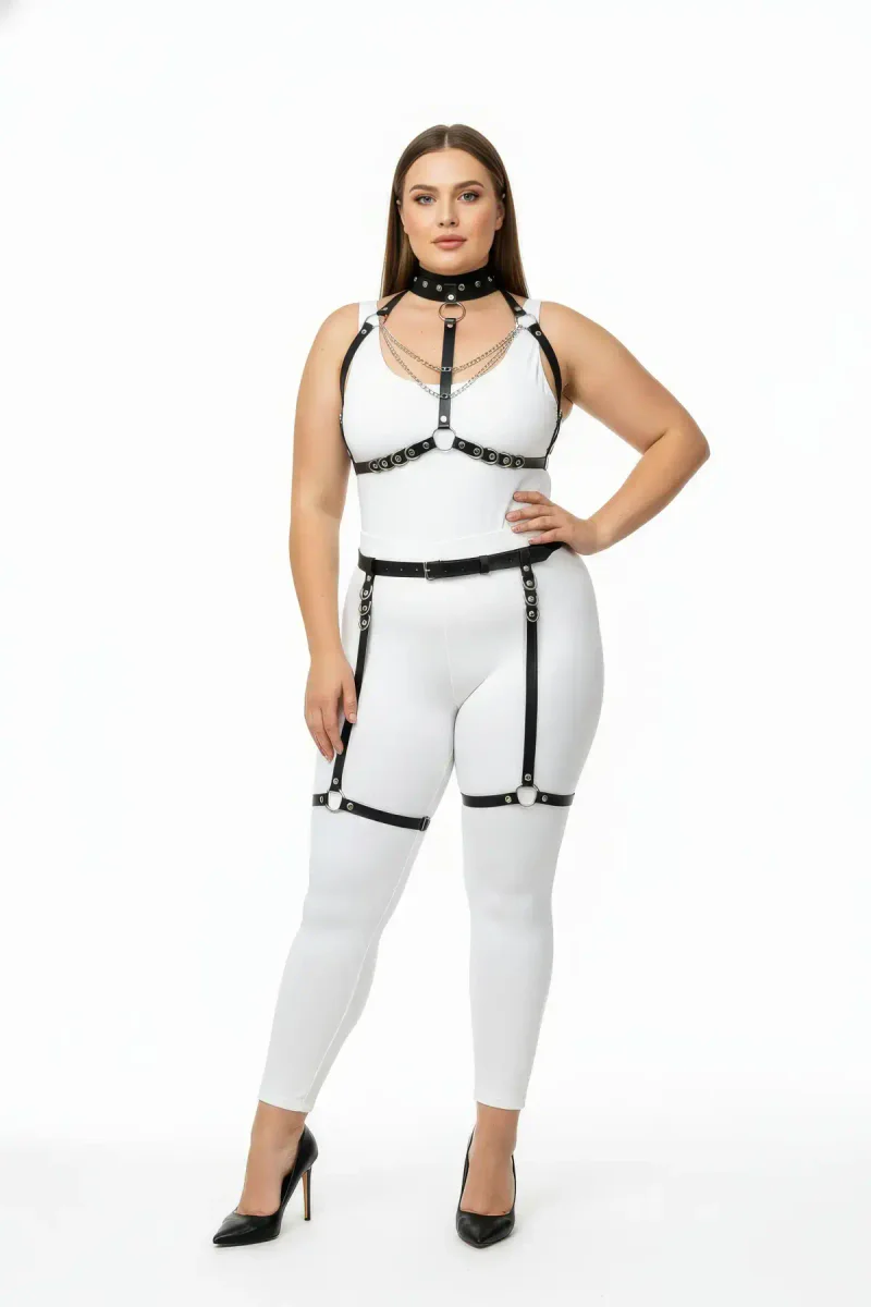 Black Faux Leather Full Body Harness Set Plus Size Model