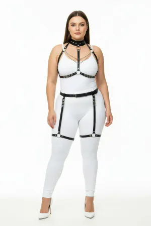 Plus Size Black Women's Leather Harness Suit Chain Detailed Fancy Accessory - APFT1081