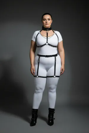 Plus Size Black Women's Leather Harness Suit Chain Detailed Fancy Accessory - APFT1081