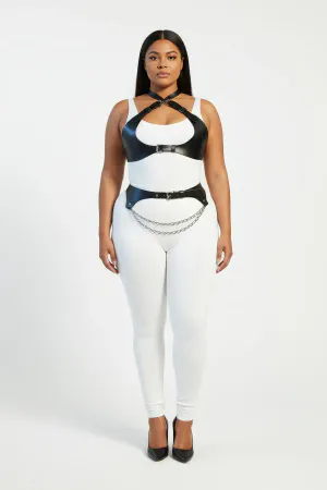 Plus Size Black Women's Harness Suit Chain Detailed Leather Look Accessory - APFT1164