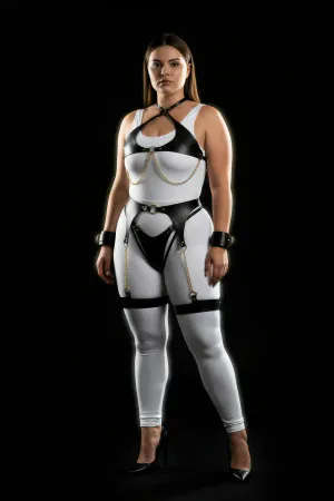 Plus Size Black Women's Harness Suit with Chain Detail and Garter - APFT1219