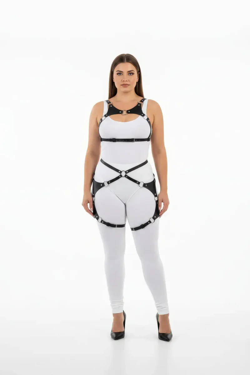 Black Faux Leather Full Body Harness Women O-Ring Details Adjustable Straps