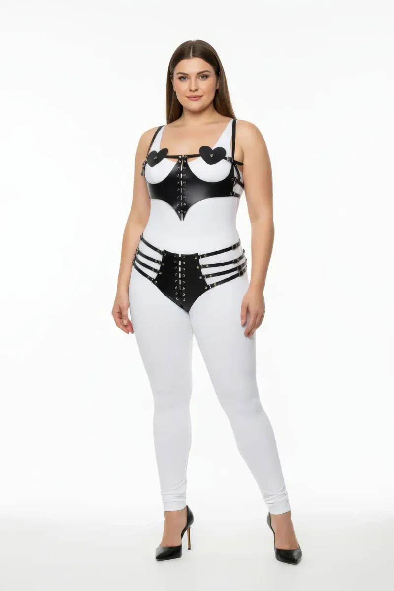 Black Faux Leather Heart Harness Set with Corset Lacing on Plus Size Model