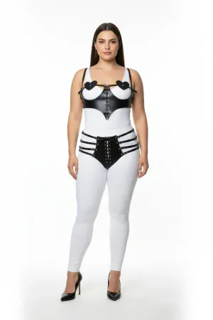 Large Size Black Women's Harness Set with Heart Detail and Lace Up Fancy Leather Set - APFT1256