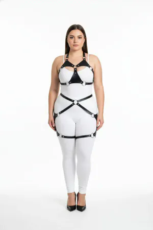 Plus Size Black Women's Leather Harness Set with Ring Detail and Garter - APFT1272