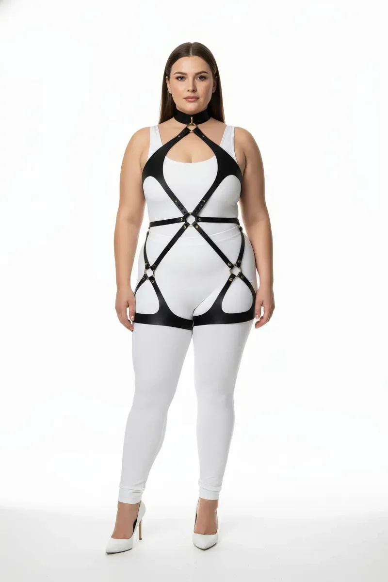 Black vegan leather body harness front view with
