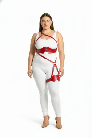 Plus Size Red Women's Leather Harness Set with Garter Detail Fancy Accessory - APFT1372