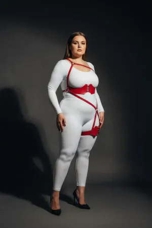 Plus Size Red Women's Leather Harness Set with Garter Detail Fancy Accessory - APFT1372