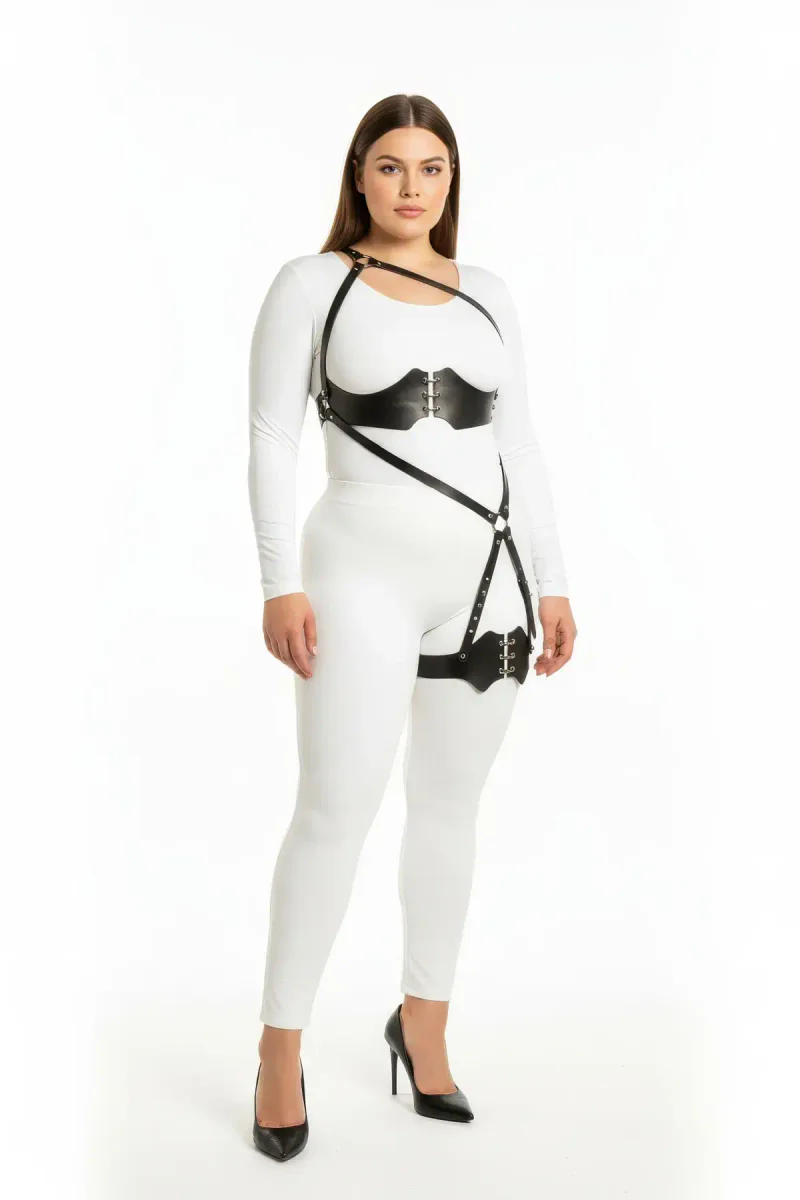 Plus Size Leather Body Harness with Corset Waist & Thigh Strap