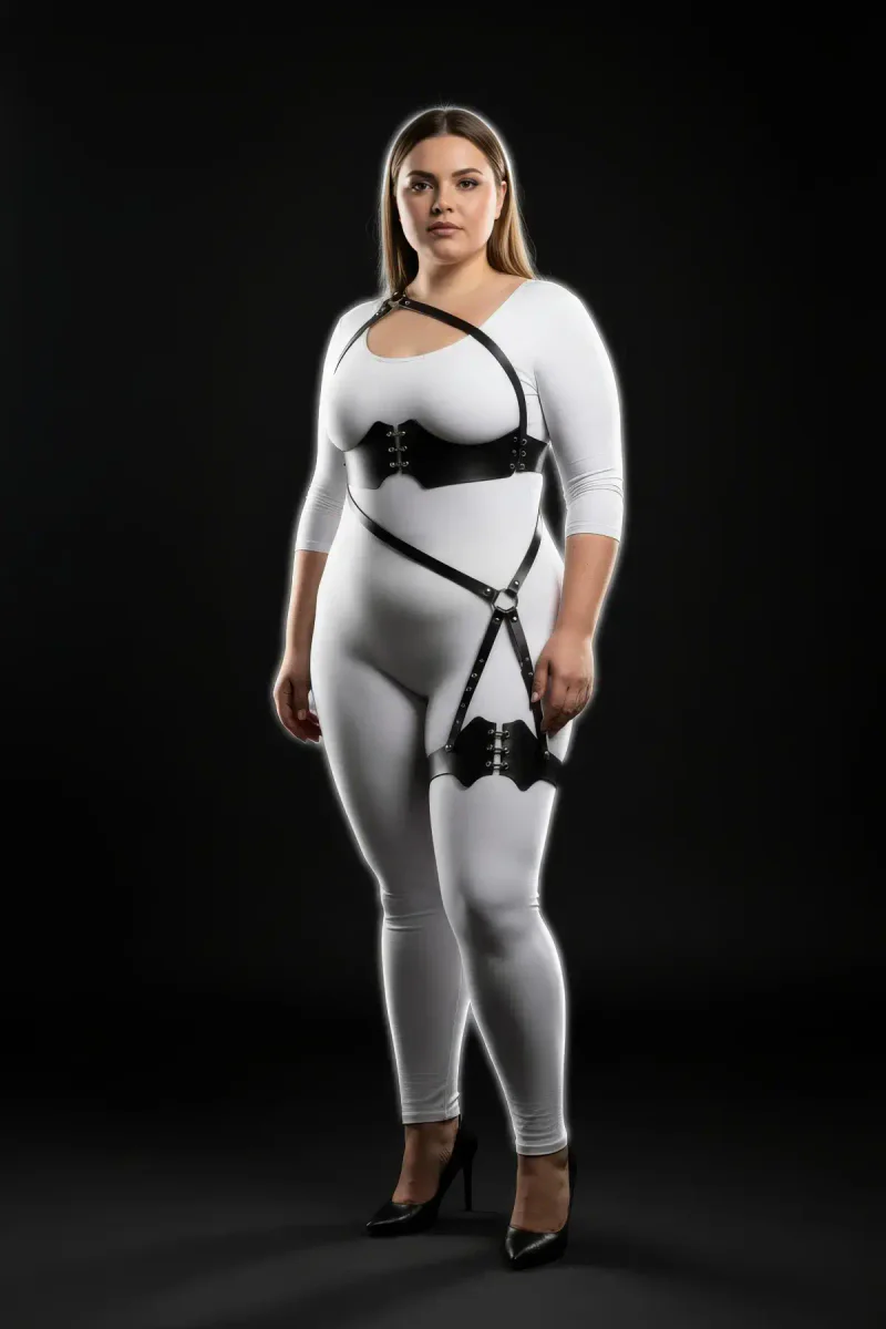 Plus Size Leather Body Harness with Corset Waist & Thigh Strap