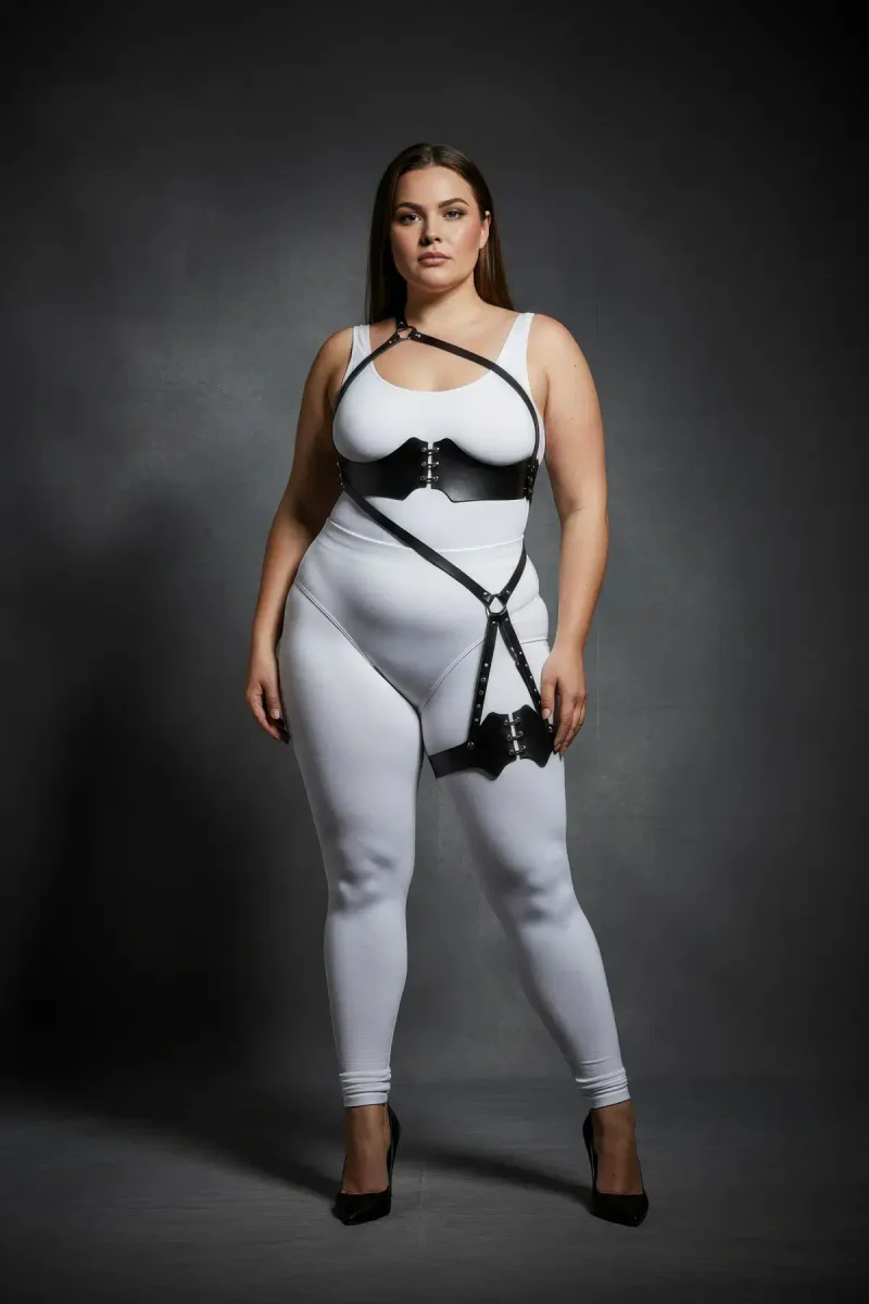 Plus Size Leather Body Harness with Corset Waist & Thigh Strap