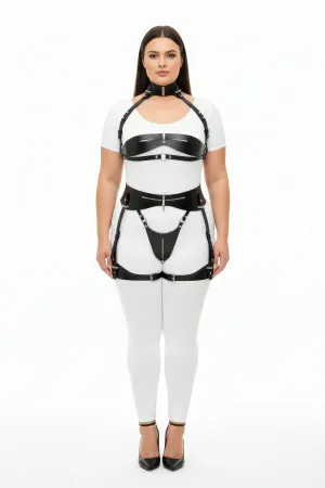 Plus Size Black Women's Leather Harness Suit with Garter Fancy Body Accessory - APFT1373