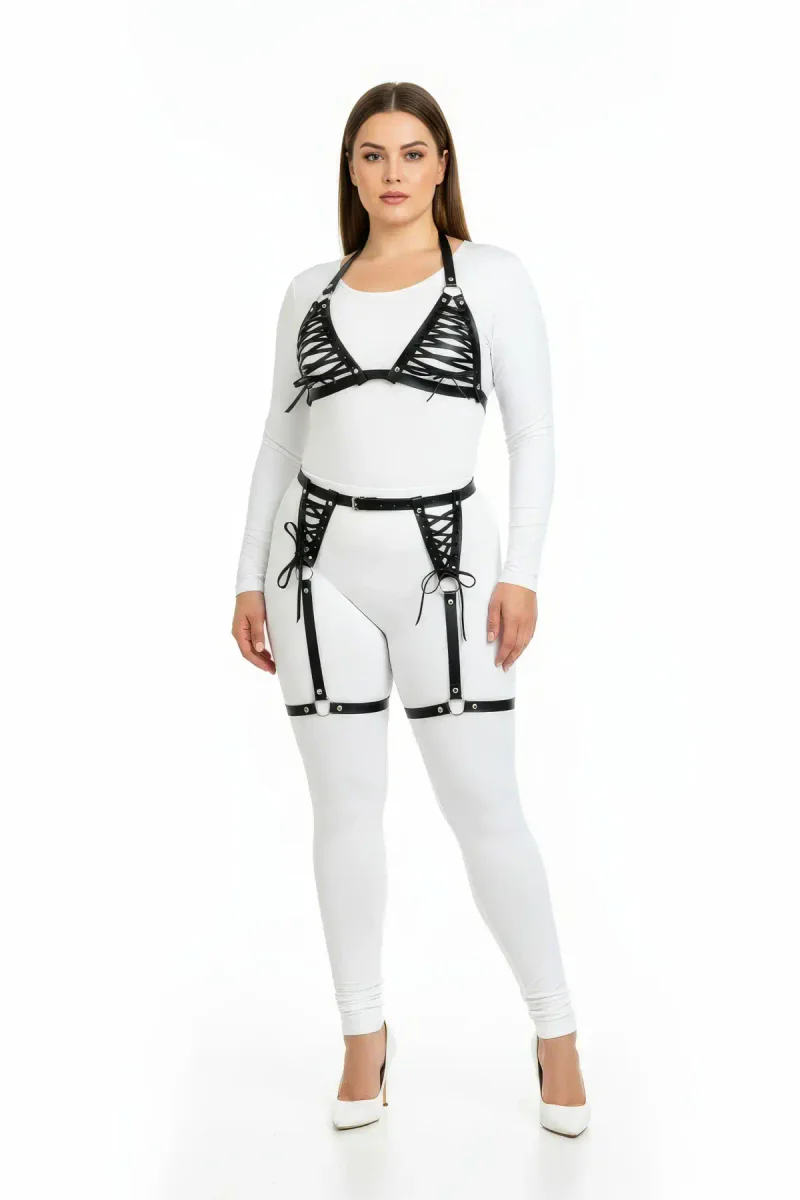 Black vegan leather harness set front view with