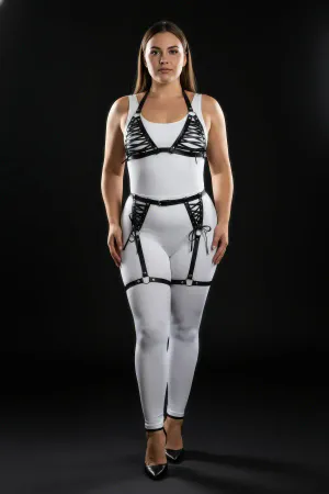 Plus Size Black Women's Leather Harness Set with Garter and Lace Fancy Combination - APFT1389